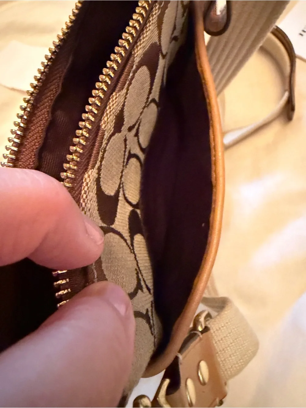 Coach crossbody bag, small, brown and tan